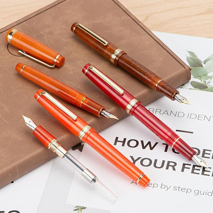 Jinhao 82 Acrylic Fountain Pen, Iridium Fine Nib with Ink Converter, Transparent Coffee Fluorescent Classic Design Smooth Writing Pen (Gold Trim)