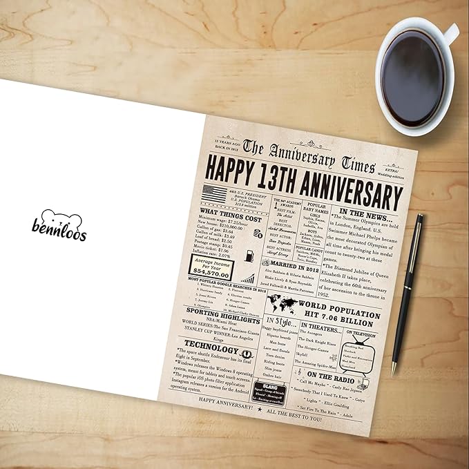 Retro 13th Anniversary Cards for Parents, Romantic 13th Wedding Anniversary Decoration for Husband Wife, Sweet 13 Year Anniversary Card Gifts for Him Her, Lace Wedding Gifts