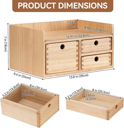 KIRIGEN Desk Organizer with 3 Drawers - Wood Drawer Storage Box with Trays for Tabletop - Workspace Office Toiletries Supplies Tool Caddy - Wooden Storage Cabinet Natural（DT1D3C-NA）