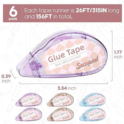 Scrapbook Tape, 6 Pack Double Sided Tape Roller for Crafts, Adhesive Glue Runner Scrapbooking Supplies Journaling School Office Supplies for Kids and Adults, 0.3IN x 26FT