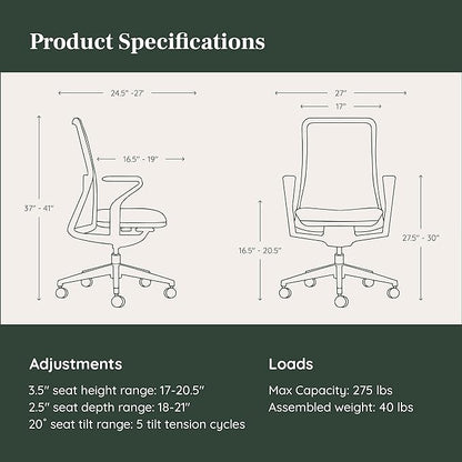 Branch Verve Chair - High Performance Executive Office Chair with Contoured Seat Back and Adjustable Lumbar Rest - High Density Foam Cushion with Aluminum Base - Up to 275 lbs - Coral