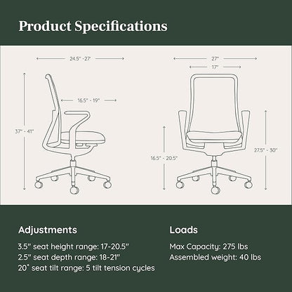 Branch Verve Chair - High Performance Executive Office Chair with Contoured Seat Back and Adjustable Lumbar Rest - High Density Foam Cushion with Aluminum Base - Up to 275 lbs - Lunar
