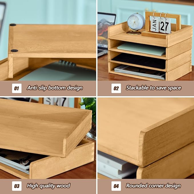 Yeaqee 4 Pcs Stackable Paper Tray Letter Tray Desktop Letter Size Wood Desk Organizer Office Wooden Desk Shelf Paper Holder Folder Organization Rack for Mail File Letter Document (Light Wood Color)