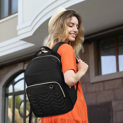 Travel Laptop Backpack for women, Work Backpack Woman with USB Charging Port, Water Resistant College Backpack, Stylish Quilted Girls Backpack Casual Daypack for 15.6 Inch Laptop, Black