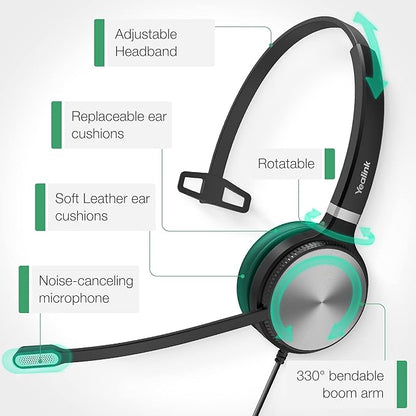Yealink Phone Headsets for Office Phones YHS36 QD to RJ9 Wired Headset Compatible with Poly Snom Grandstream Phones Desk Landline VoIP Headset with Microphone -Mono/124g/2.1m Cable