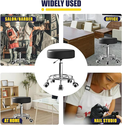 Rolling Stool, Heavy Weight Capacity 250lb, PU Leather Rolling stools, Ultra Soft Padded Seat, Rolling Stools with Wheels and Footrest, 360° Swivel, Spa Drawing Salon Work Office Tattoo Stool (black)