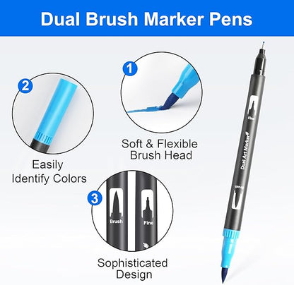 Dual Brush Marker Pens, 24 Colors Art Markers with Fine and Brush Tip Coloring Markers for Adults, Marker for Journaling Calligraphy Drawing Sketching Doodling Illustrating