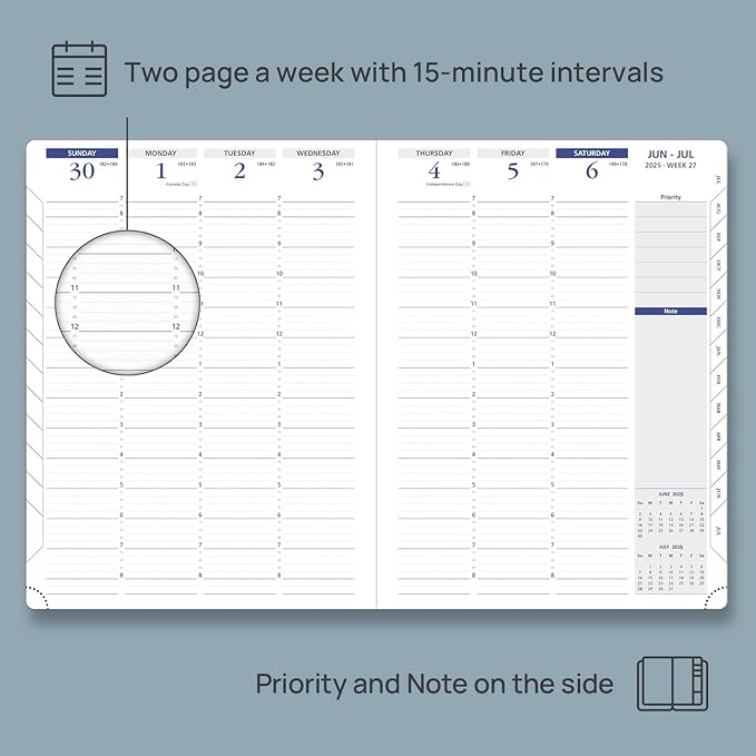 POPRUN 2025 Weekly Planner 8.5" x 11", Quarter-Hourly Appointment Book with PU Leather Soft Cover, Dual Pockets, Gift Box, Monthly Tabs, 100GSM Thick Paper, Sunday Start - Soft Pink