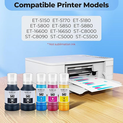 542 Ink Bottle ET-5150 ET-5170 ET-5180 ET-5850 Replacement for 542 Ink Refill Bottle for Ecotank Pro ET-16650 ET-5880 ET-5800 ET-16600 5800 5880 Printer, 5 Pack