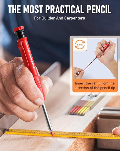 Nicpro Carpenter Pencil with Sharpener, Mechanical Carpenter Pencil Set with 13 Refill, Construction Pencils Heavy Duty Woodworking Pencil for Architect (Black, Red, Yellow)-With Case