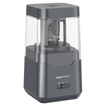 Amazon Basics Portable Electric Pencil Sharpener, Helical Blade, Auto Stop, Battery/USB Cord Operated, Black, 2.87 x 2.87 x 5.3 in