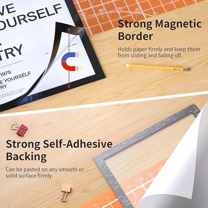 24Pack Magnetic Sign Holder 8.5 x 11 Wall Mount, Self Adhesive Display Magnetic Picture Frames Sheet With Strong Magnet Border for Window/Door/Fridge, Document Poster Paper Holders for Home Office Store, Black