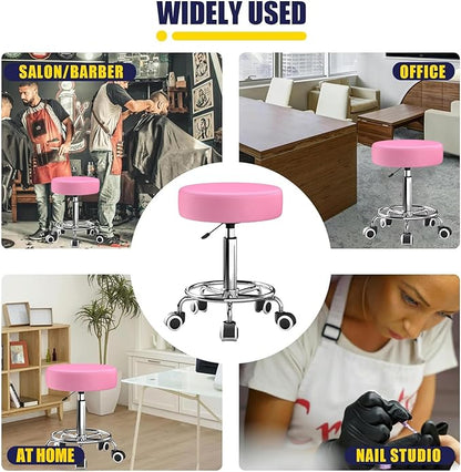 Rolling Stool, Heavy Weight Capacity 250lb, PU Leather Rolling stools, Ultra Soft Padded Seat, Rolling Stools with Wheels and Footrest, 360° Swivel, Spa Drawing Salon Work Office Tattoo Stool (pink)