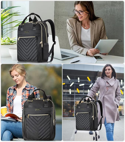 Black Backpack for Women, School Backpack for Teen Girls, 15.6 Inch Quilted Backpack Purse with USB Port, Work Business Teacher Student Computer Bag, College Bookbags Casual Daypacks, Black