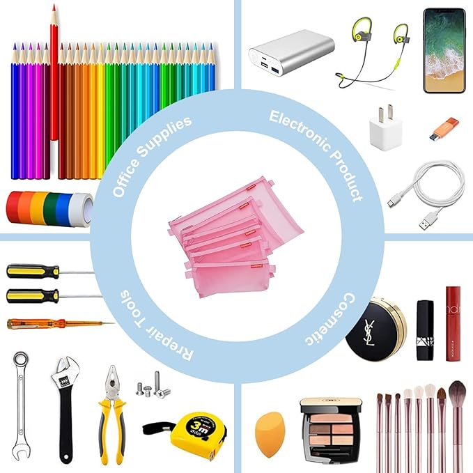 Pendancy Mesh Zipper Pouch 5pcs Lightweight Nylon File Folders Document Organizer Cosmetic Bags Accessories Storage for Travel and Office Supplies(Pink, A4 A5 A6)