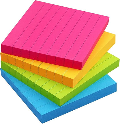 Lined Sticky Notes 3x3 Sticky Notes with Lines Self-Stick Notes Bright Color 4 Pads 90 Sheets/Pad (Bright)