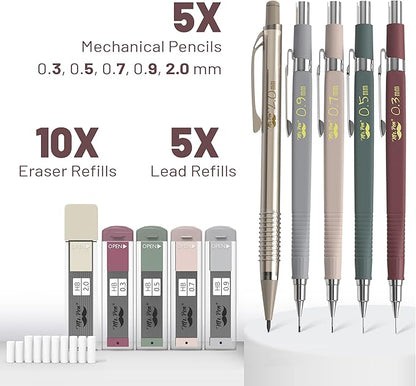 Mr. Pen- Mechanical Pencil Set with Leads and Eraser Refills, 5 Sizes - 0.3, 0.5, 0.7, 0.9 and 2 Millimeters, for Drafting, Drawing and Sketching