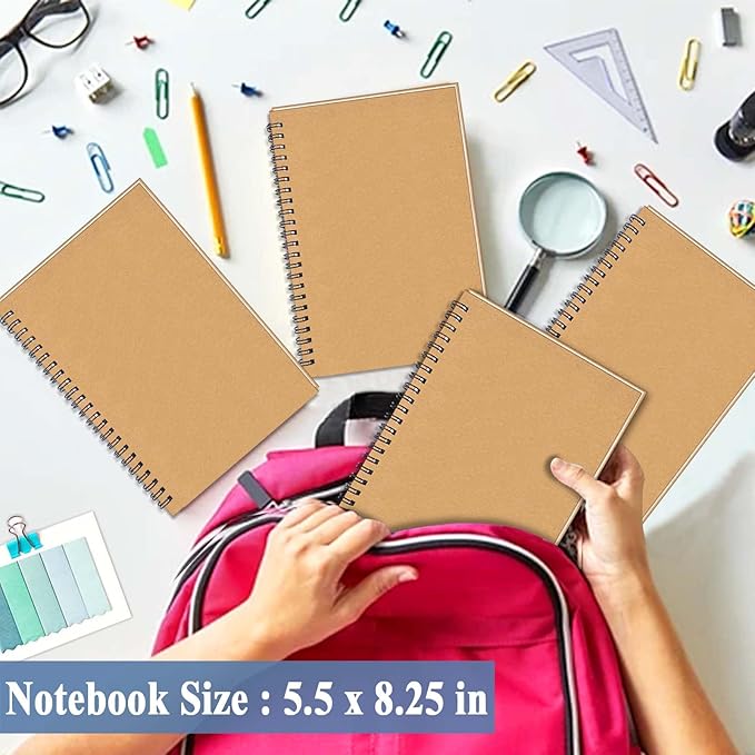 GINMLYDA 6Pack Small Spiral Notebook A5, 8.25x5.5” 120 Lined Pages Wide Ruled Spiral Journal Bulk Blank Kraft Cover Spiral Bound Notebook & Writing Pads for Home Office Meeting Work Note Taking