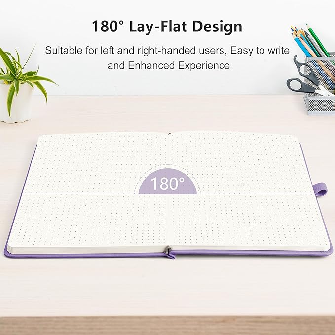 RETTACY Bullet Dotted Journal, A5 Dotted Notebook Journal with 192 Pages, 5.7'' × 8.3'', Medium Size, 100 GSM Thick Paper, Leather Hardcover, Bullet Journaling, Planning (Purple)