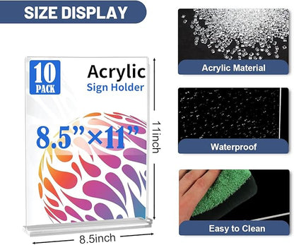 10 Pack Acrylic Sign Holder 8.5 X 11, Vertical T Shape Clear Plastic Sign Holder, Double Sided Clear Display Stand Table Top Sign Paper Holder, Sign Holder Suitable for Office, Store