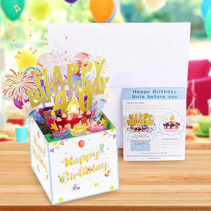 Tnvee 40TH Birthday Cards with Lights & Music & Candle, 3D Large Pop Up Happy Birthday Cards for Women Man Greeting Cards Decorations for 40 Years Old Mom Dad Wife Husband Friend