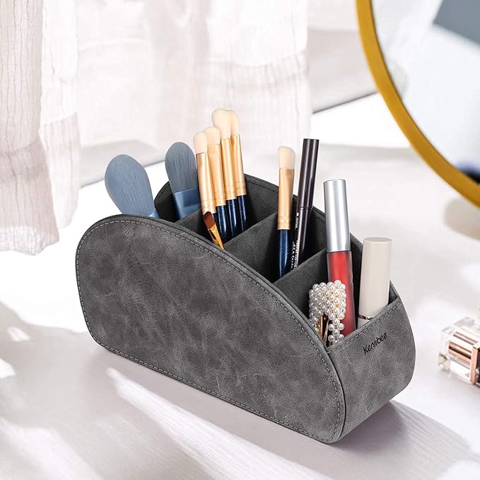 Remote Control Holder with 5 Compartments, KENOBEE Anti-slip Desktop Caddy Storage Organizer for Remote Controllers, Office Supplies, Makeup Brush, Media Accessories, Gray