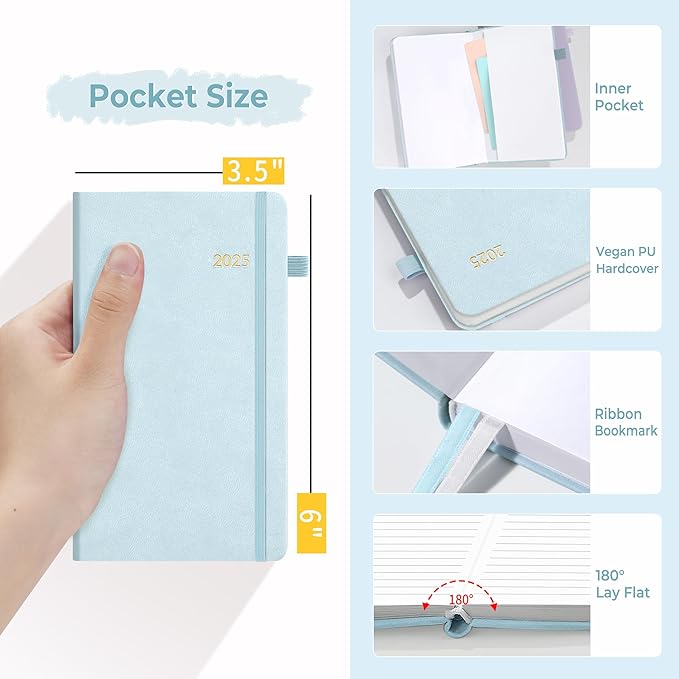 SUNEE 2025 Pocket Weekly Planner for Purse 3.5" x 6" - 12 Month (January 2025 - December 2025), Pocket Size Planner, Hardcover, Notes, Pocket, 100 GSM Paper, Grey Blue