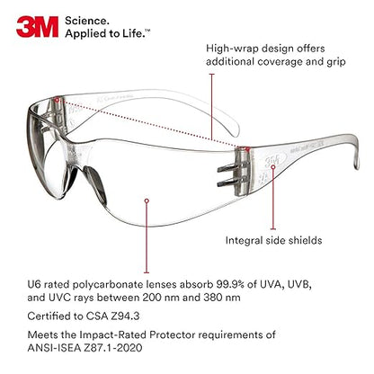 3M Safety Glasses, Virtua, 20 Pair, ANSI Z87, Unisex, Anti-Fog, Scratch Resistant, Clear Lens, Clear Frame, Affordable Eye Protection, Lightweight, Wraparound Coverage