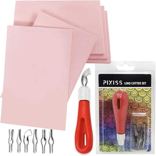 Stamp Pads for Rubber Stamps 5-Pack (6x4) and Rubber Stamp Carving Tools - Block Printing Kit by Pixiss - Rubber Block Stamp Maker Printmaking Supplies