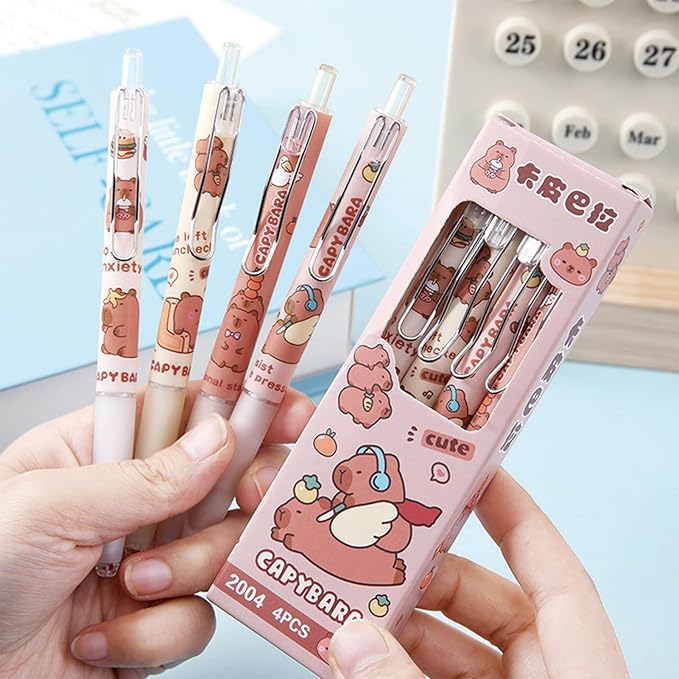 4 Pcs Gel Ink Pens Retractable Pens Cute Capybara Pen 0.5mm Black Ink Pen Writing Pens Office School Supplies for Girls Boys Women Men (Capybara 4Pcs)