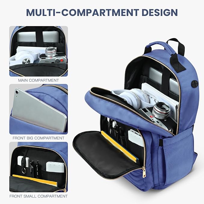 Travel Laptop Backpack for women, Work Backpack Woman with USB Charging Port, Water Resistant College Backpack, Stylish Quilted Girls Backpack Casual Daypack for 15.6 Inch Laptop, Blue