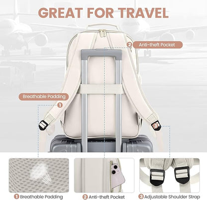 LOVEVOOK Leather Backpack for Women,17.3 inch Leather Laptop Backpack Women Computer Backpack Laptop Bag,Stylish Quilted Travel Backpack Purse Work Bag College Teacher Backpack with USB Port,Off-white