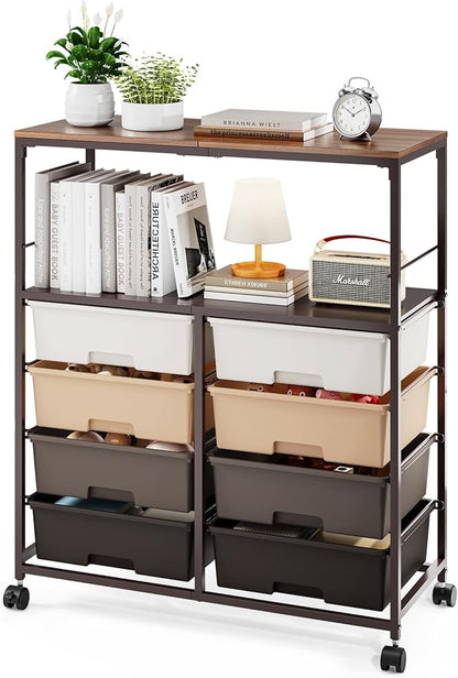 8 Drawers Rolling Storage Cart with Wooden Top, Multipurpose Utility Cart with Opening Shelf & Lockable Wheels, Storage Drawer Cart Organizer for Home Office Craft Room Classroom, Brown