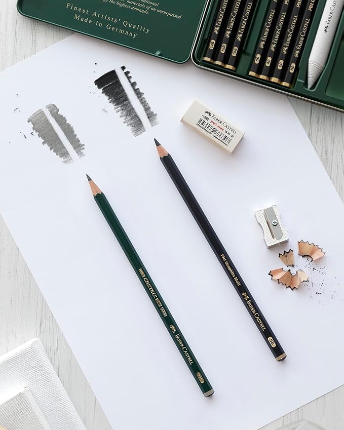 Faber-Castell Pitt Graphite Matte Pencil Set, Sketching Set of 4 Graphite Pencils and Sketching Supplies (2B, 6B, 10B, 14B), Sketching and Drawing Pencils, Pencil Sharpener and Eraser