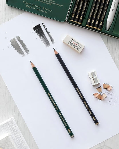 Faber-Castell Pitt Graphite Matte Pencil Set, Sketching Set of 4 Graphite Pencils and Sketching Supplies (2B, 6B, 10B, 14B), Sketching and Drawing Pencils, Pencil Sharpener and Eraser