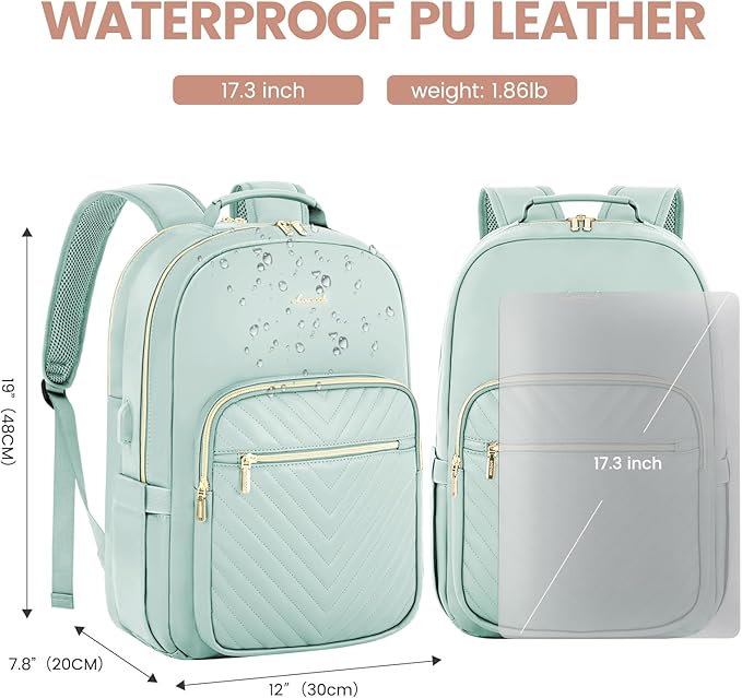 LOVEVOOK Leather Backpack for Women,17.3 inch Leather Laptop Backpack Women Computer Backpack Laptop Bag,Stylish Quilted Travel Backpack Purse Work College Teacher Backpack with USB Port,Powder Blue