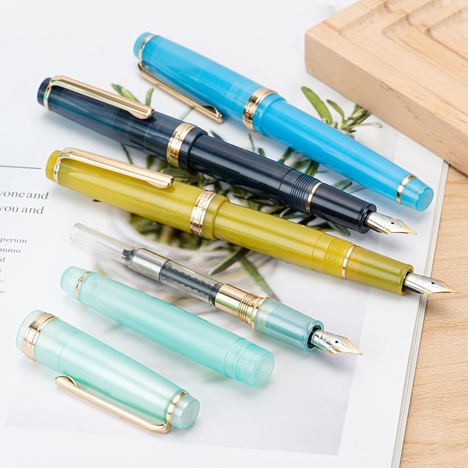 Jinhao 82 Acrylic Fountain Pen, Iridium Fine Nib with Ink Converter, Transparent Dark Blue Classic Design Smooth Writing Pen (Gold Trim)
