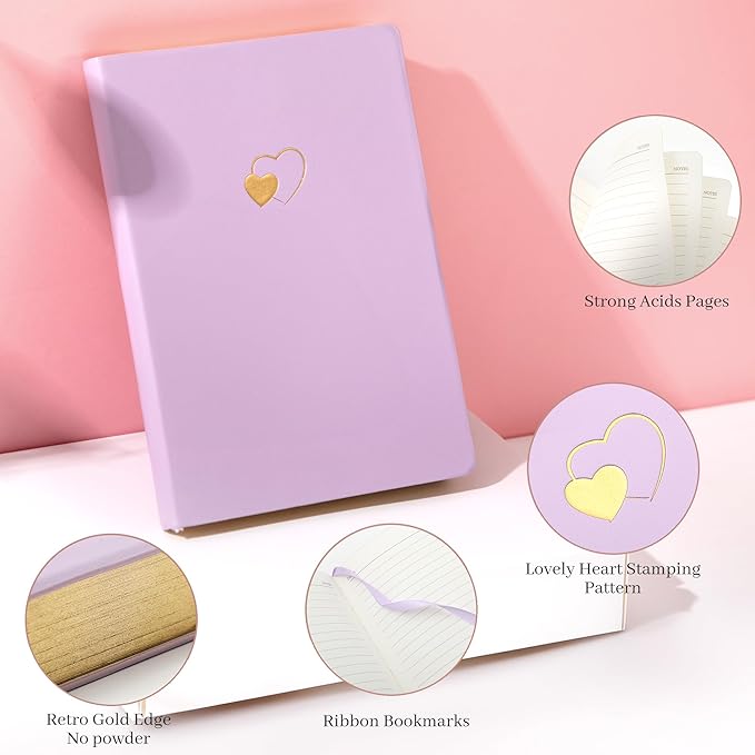 CAGIE Lined Journal Notebook for Women and Girls 256 Pages Cute Diary with Heart-Shaped Leather Journals for Writing A5 Soft Cover Notebooks for Work School (A Purple and Pink, A5)