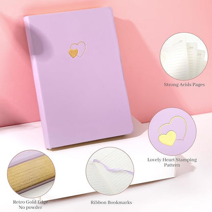 CAGIE Lined Journal Notebook for Women and Girls 256 Pages Cute Diary with Heart-Shaped Leather Journals for Writing A5 Soft Cover Notebooks for Work School (A Purple and Pink, A5)