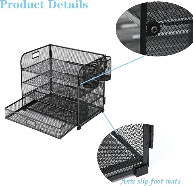 4-Tier Mesh Reader Desktop Accessory Storage,Desk File Organizer with A Sliding Drawer Two Pen Holders,Office Supplies Desk Organizer for Home Office