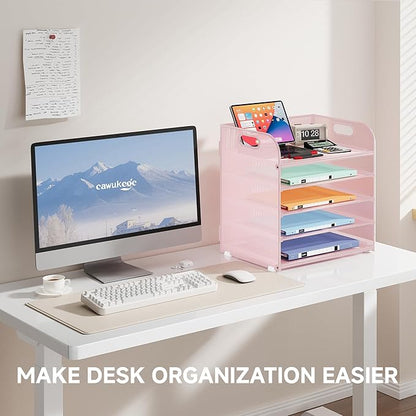 5 Tier Paper Organizer with Handle, Metal Mesh Desk Organizer File Folder Organizer Paper Letter Tray Desktop Document Sorter for Classroom, School, Office Organization and Storage - Pink