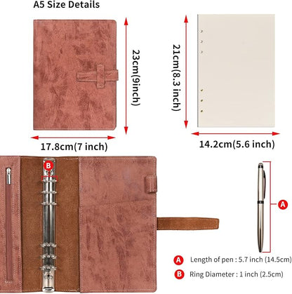 Wonderpool Leather Journal Refillable Binder A5 Writing Notebook Folder Organiser with Dotted Paper & Multi Pockets Cover for Business School Travel (A5, Coffee)