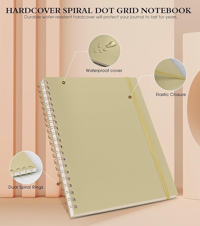 Dotted Notebook, Spiral Notebook Journal 8.5” x 11”, A4 Large Dot Grid Notebooks for Women Men, 100 GSM Dotted Paper, Plastic Hardcover Spiral Bullet Dotted Journals for Work School Sketching, Yellow