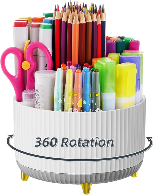 Marbrasse Desk Organizer, 360-Degree Rotating Pen Holder for Desk, Desk Organizers and Accessories with 5 Compartments Pencil Organizer, Art Supply Storage Box Caddy for Office, Home (White+Grey)