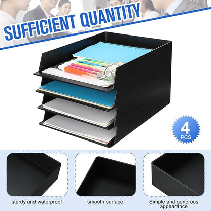 Wenqik 4 Pcs Stackable Paper Trays Rectangular Plastic Desk Tray Holder Desktop Document File Paper Organizer Plastic Storage Letter Tray for Office Classroom, Black