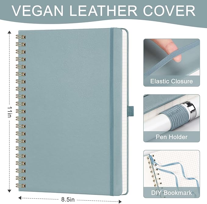 AHGXG Graph Paper Notebook - Spiral Notebook 8.5" x 11", A4 Large Hardcover Leather Journal Grid Notebook, 100 gsm Thick Graph Paper,Journals for School Writing Graphing Engineering Math, GrayBlue