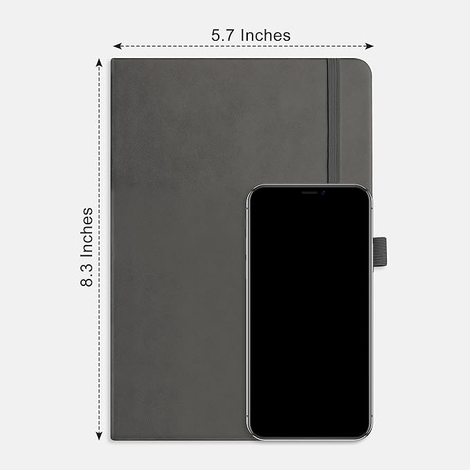 RETTACY Journaling Notebooks, A5 Lined Journal Notebook with 192 Numbered Pages, 5.7'' × 8.3'' Medium Size, for Writing, Work, Office, Leather Hardcover, 100 GSM Thick Paper (Gray)