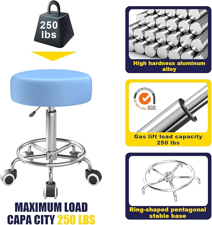 Rolling Stool, Heavy Weight Capacity 250lb, PU Leather Rolling stools, Ultra Soft Padded Seat, Rolling Stools with Wheels and Footrest, 360° Swivel, Spa Drawing Salon Work Office Tattoo Stool (blue)