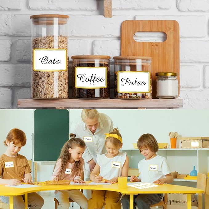 2" x 3" 200 PCS Name Labels, Waterproof Blank Name Tag Stickers with Permanent Adhesive Writable Stickers with Metallic Gold Border for School Office Home