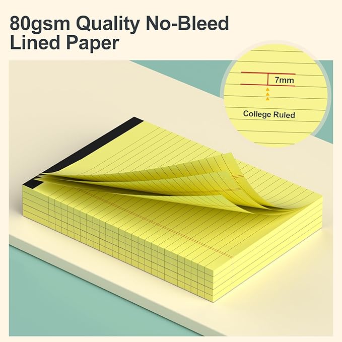 Small Yellow Legal Pads 5×8 – 12 Pack College Ruled Notepads with Perforated Pages and Double Sided Printing, Ideal for Work, Study, 80gsm Premium Thick Paper, Writing Pads 5"x8" 30 Sheets/60 Pages